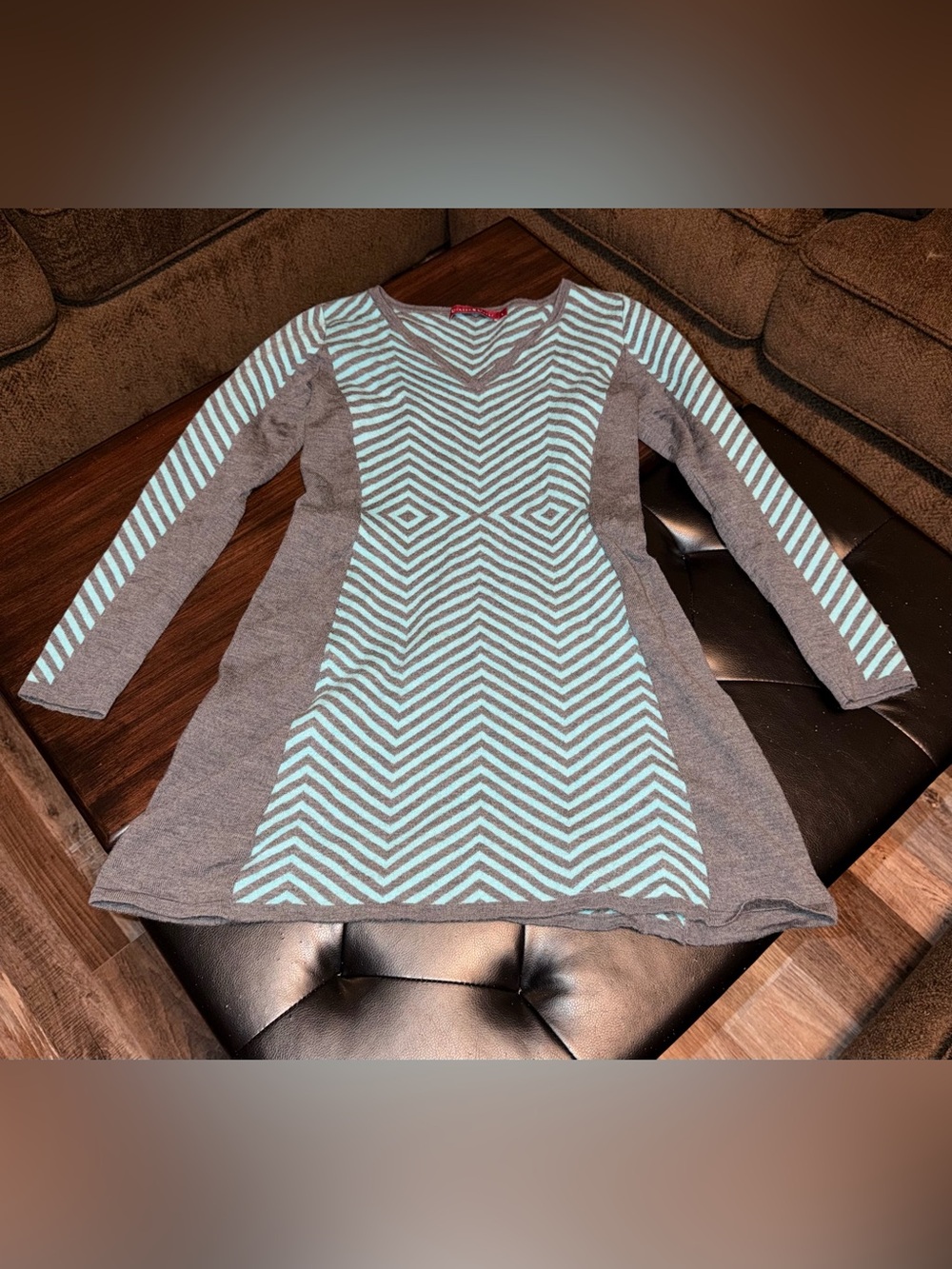 Krimson Klover Gray & Light Blue Chevron Knit Dress 100% Wool